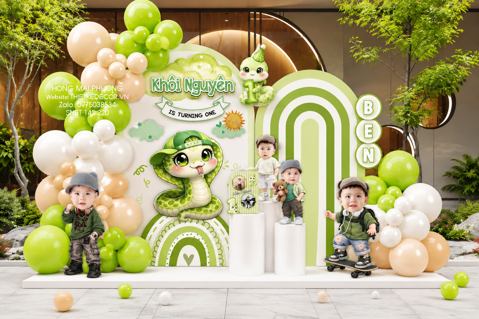 File thiết kế decor trang trí tiệc sinh nhật bé trai tuổi Rắn - Tỵ mix bong bóng cute dễ thương đáng yêu tone xanh lá